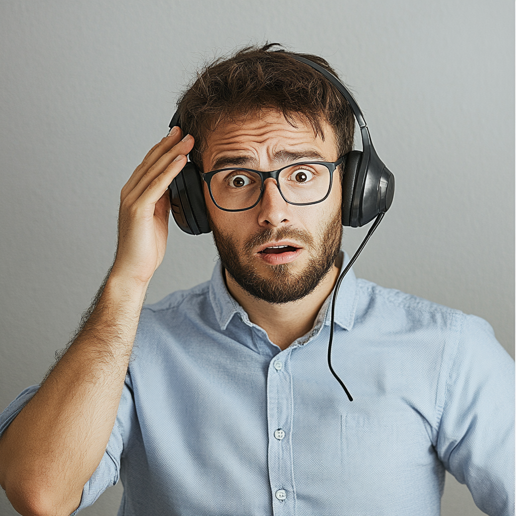 Homme portant des écouteurs et se grattant la tête en signe de confusion | Source : Midjourney