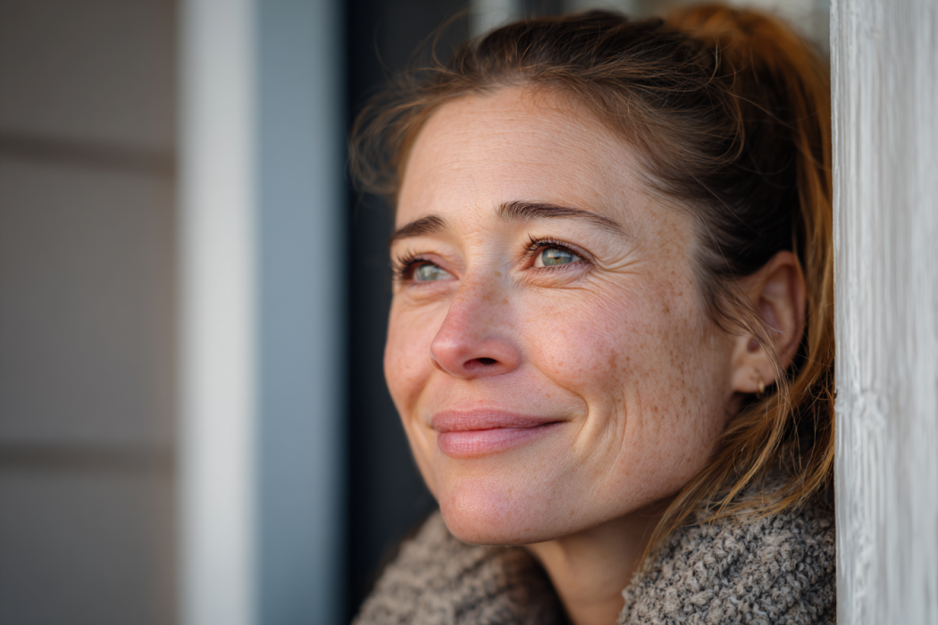 Une femme émotive se tenant sur le pas de la porte d'une maison | Source : Midjourney