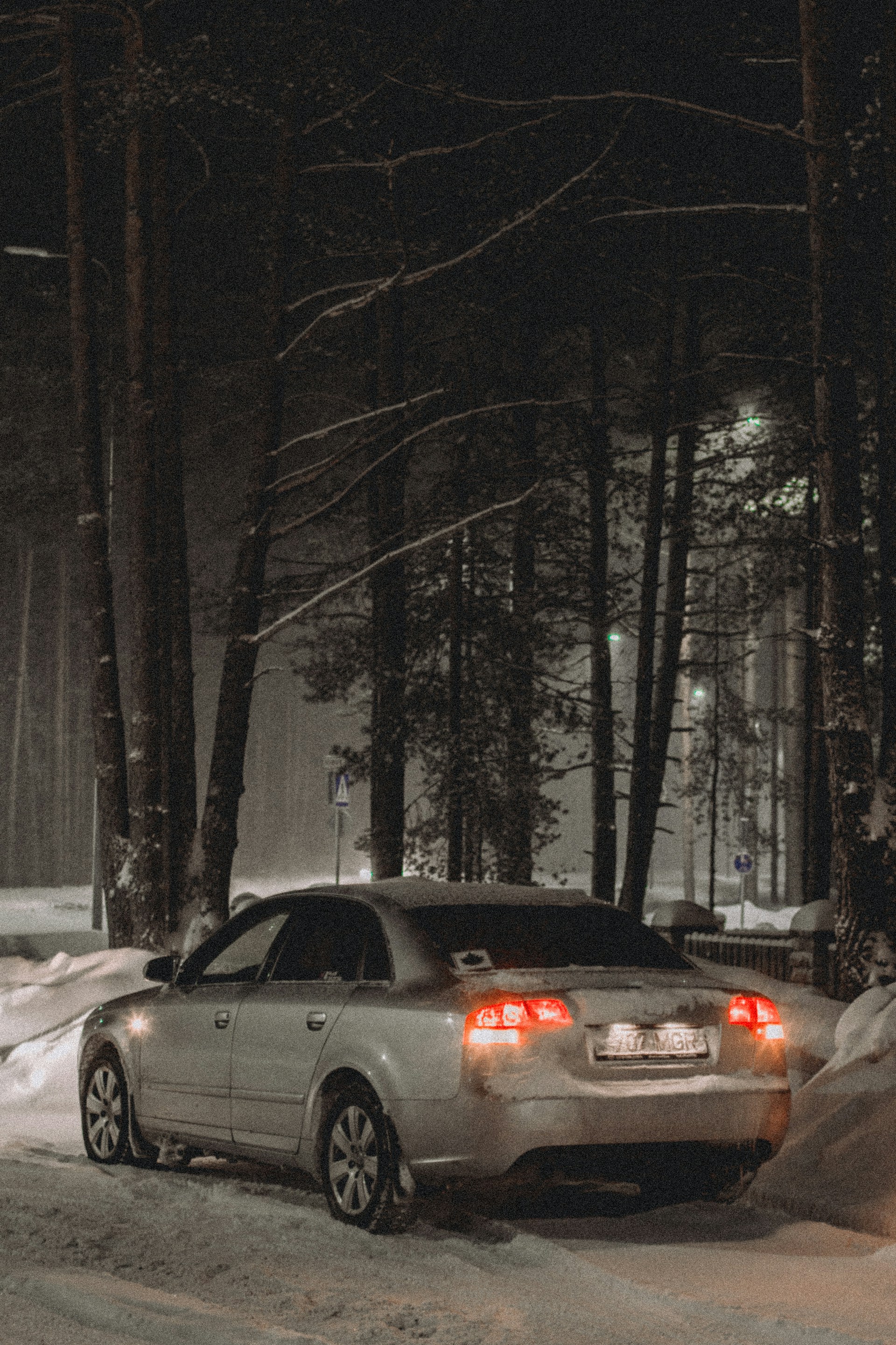 Une voiture dans les bois par une soirée enneigée | Source : Unsplash