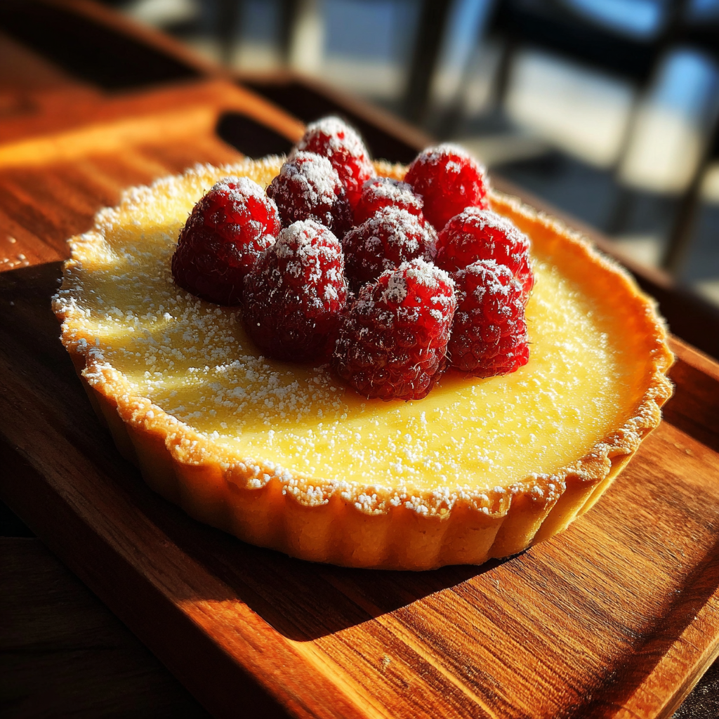 Une tarte au citron avec des framboises sucrées sur un plateau en bois | Source : Midjourney