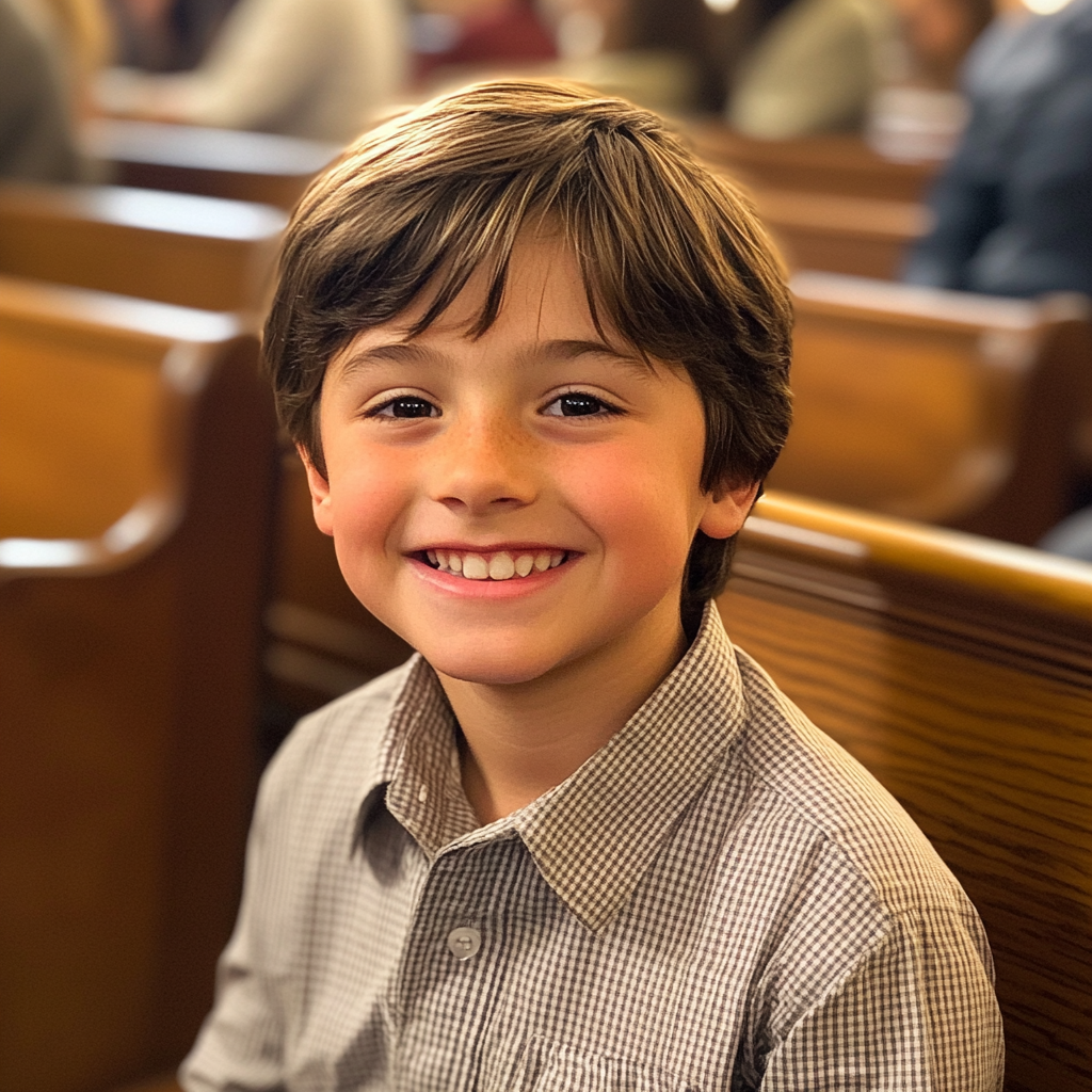 Un petit garçon souriant assis sur un banc d'église | Source : Midjourney