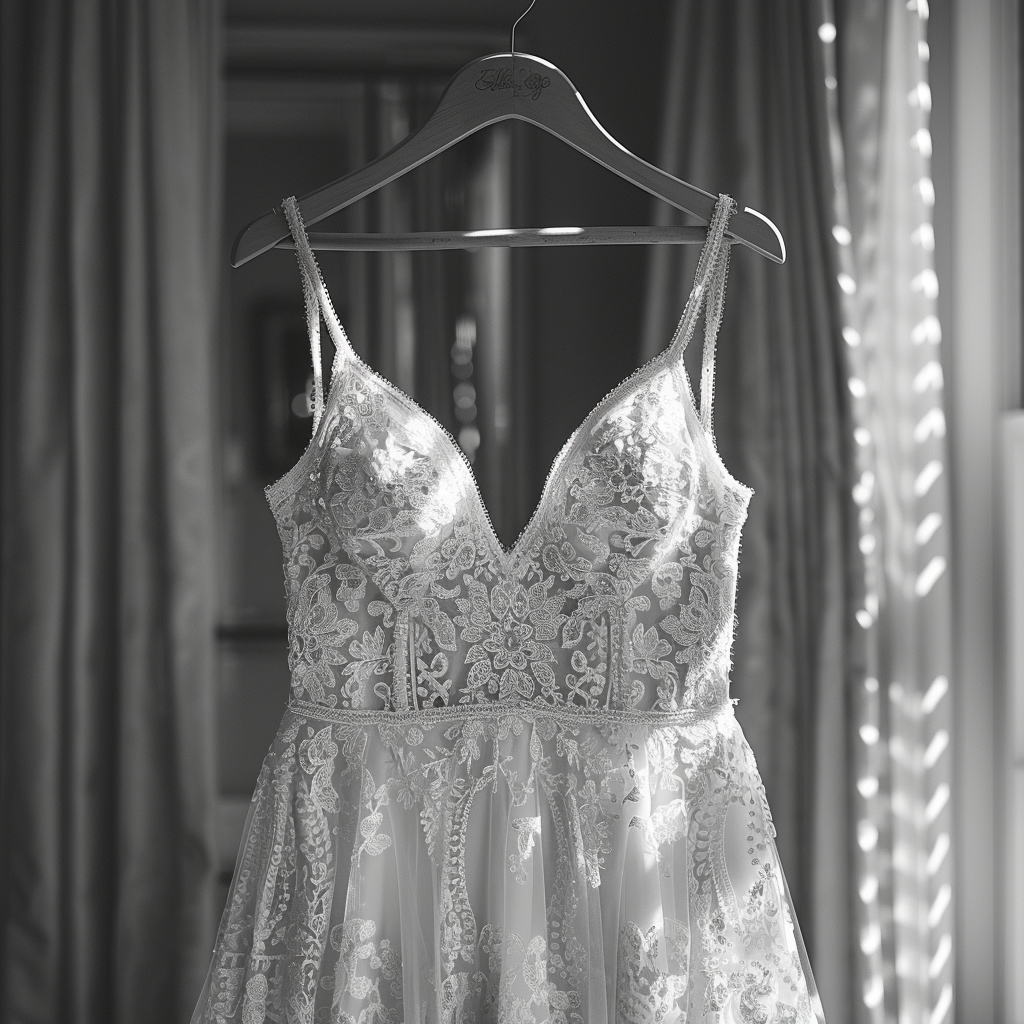 Une robe de mariée sur un cintre | Source : Midjourney