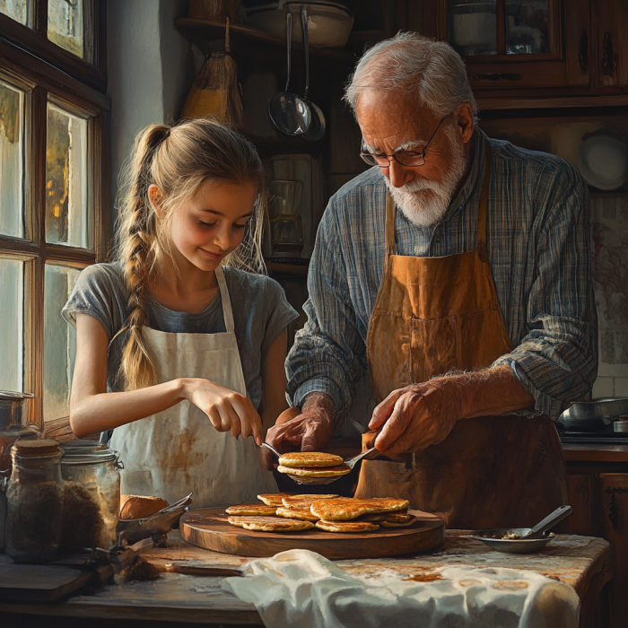 Un grand-père et une adolescente en train de faire des crêpes | Source : Midjourney