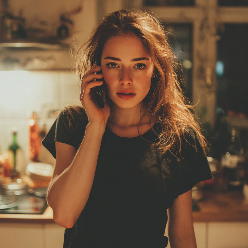 Une femme inquiète qui parle au téléphone | Source : Midjourney