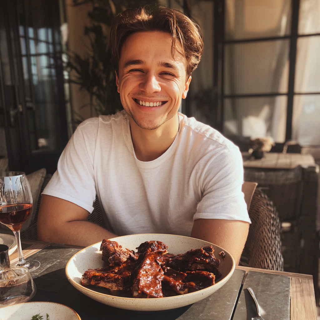 Un jeune homme souriant assis à une table | Source : Midjourney
