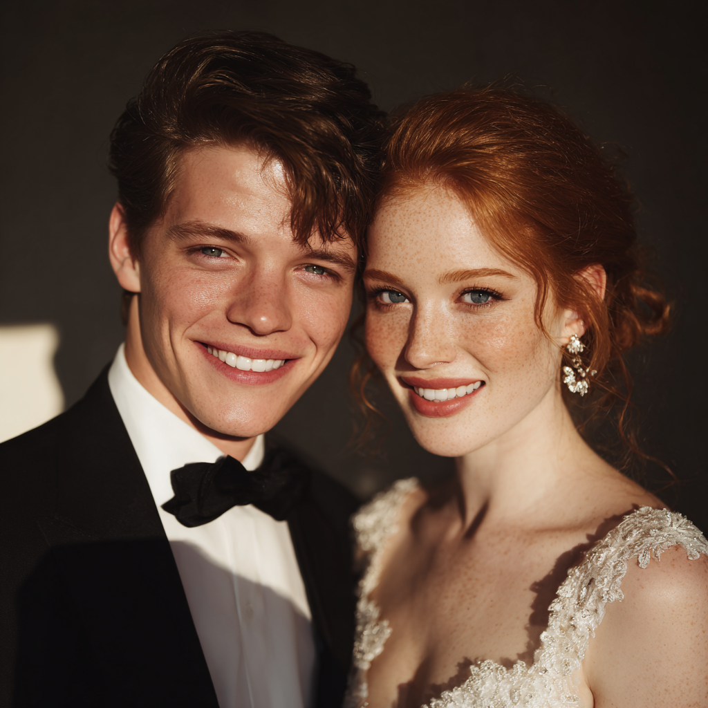Un couple de jeunes mariés souriants | Source : Midjourney