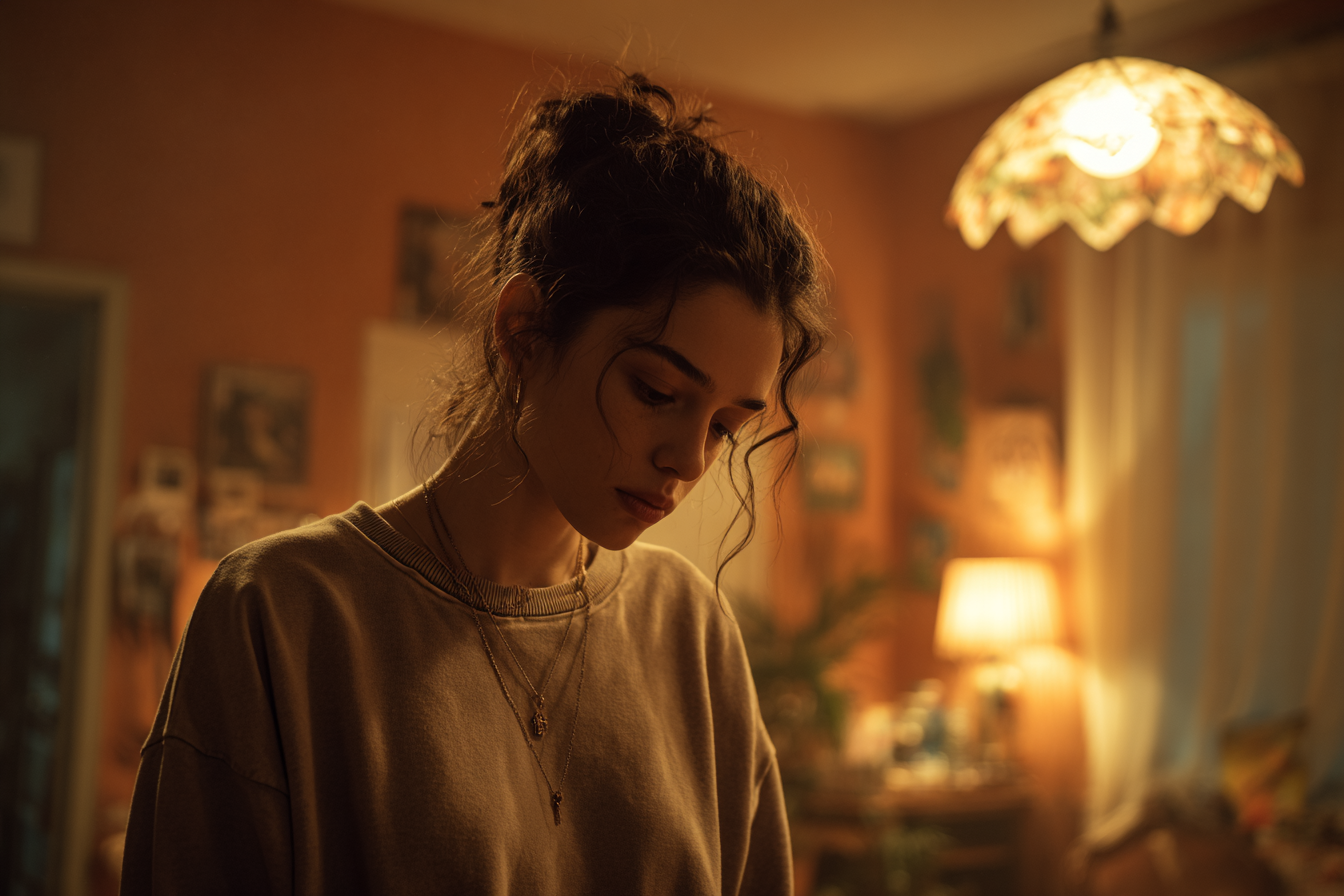 Une femme debout dans sa chambre | Source : Midjourney