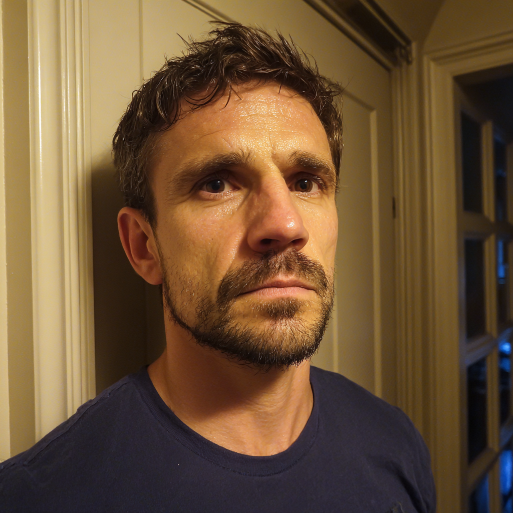 Un homme pensif portant un t-shirt bleu marine | Source : Midjourney