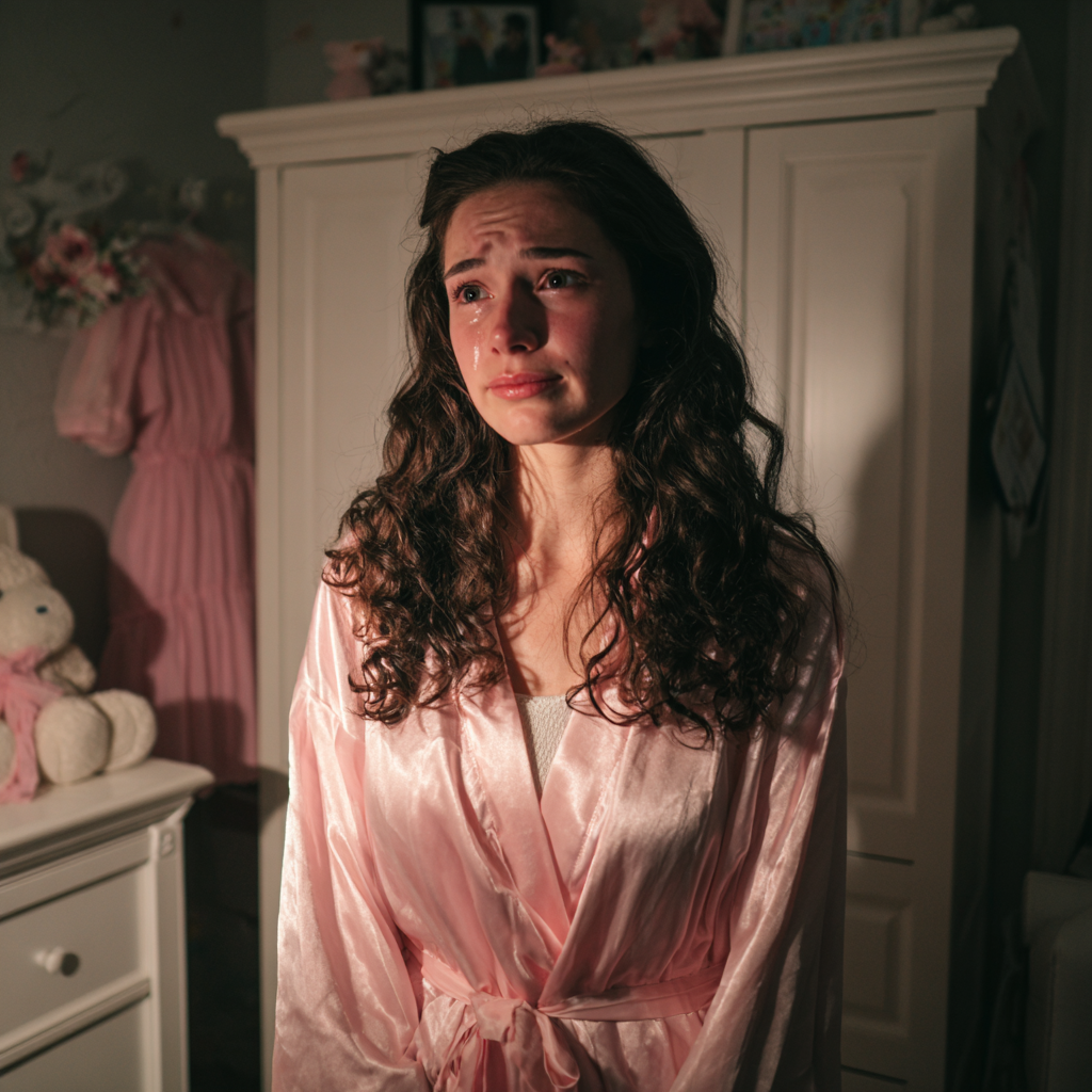 Une femme émotive debout dans une chambre d'enfant | Source : Midjourney