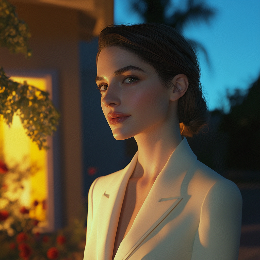 Une femme se tenant devant sa maison la nuit | Source : Midjourney