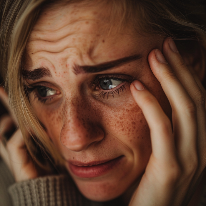 Gros plan sur une femme qui pleure en parlant au téléphone | Source : Midjourney