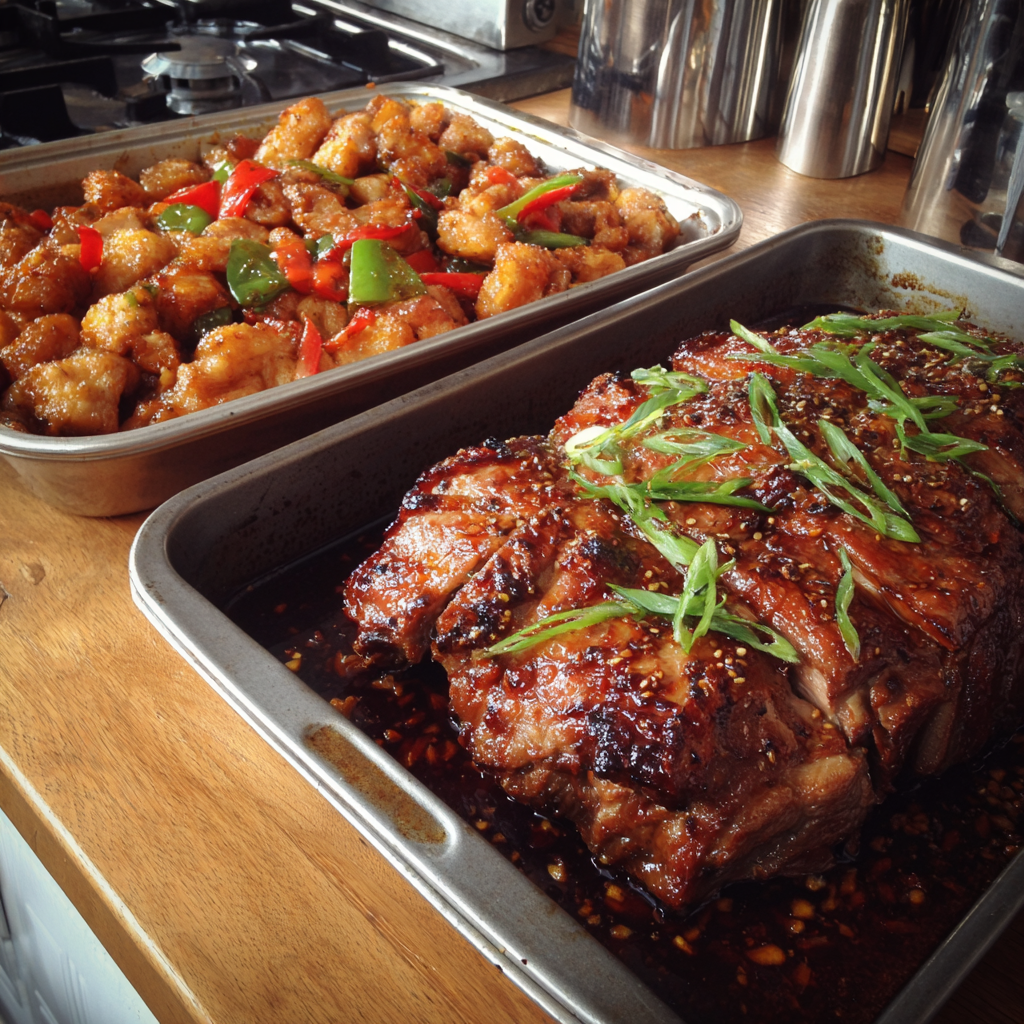 Des plateaux de nourriture sur un comptoir de cuisine | Source : Midjourney
