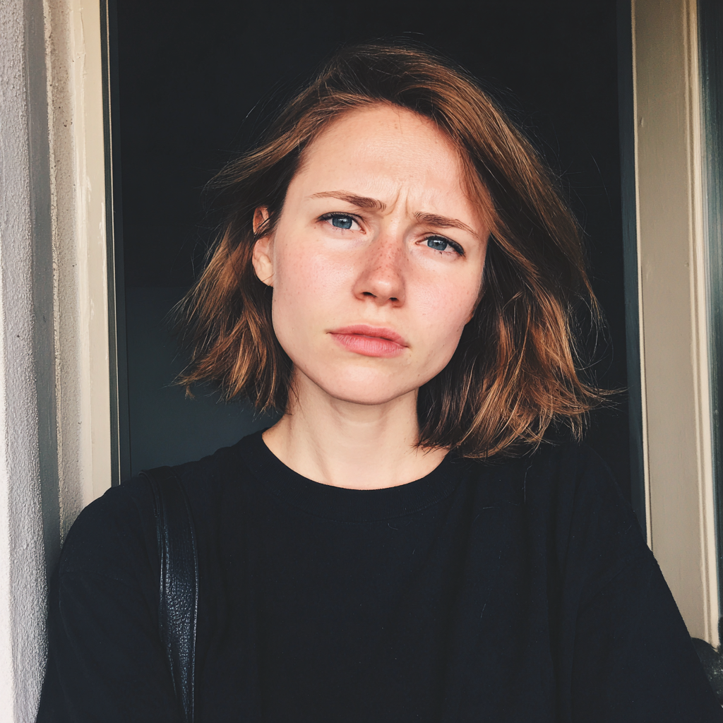 Une femme qui fronce les sourcils devant sa porte d'entrée | Source : Midjourney