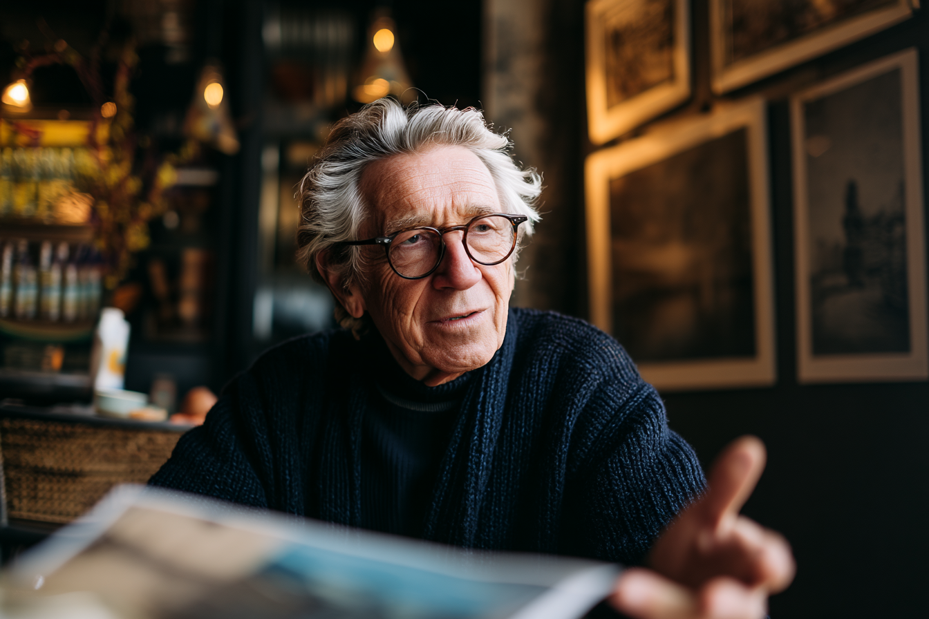 Un homme parle alors qu'il est assis dans un café | Source : Midjourney