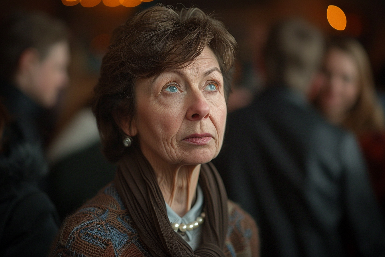 Een verdrietige vrouw tussen de feestgangers | Bron: Midjourney