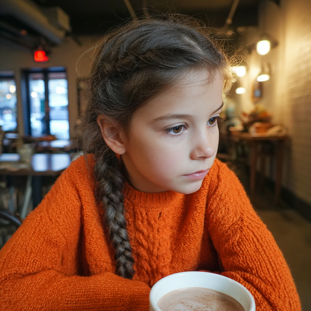 Une petite fille assise dans un café | Source : Midjourney