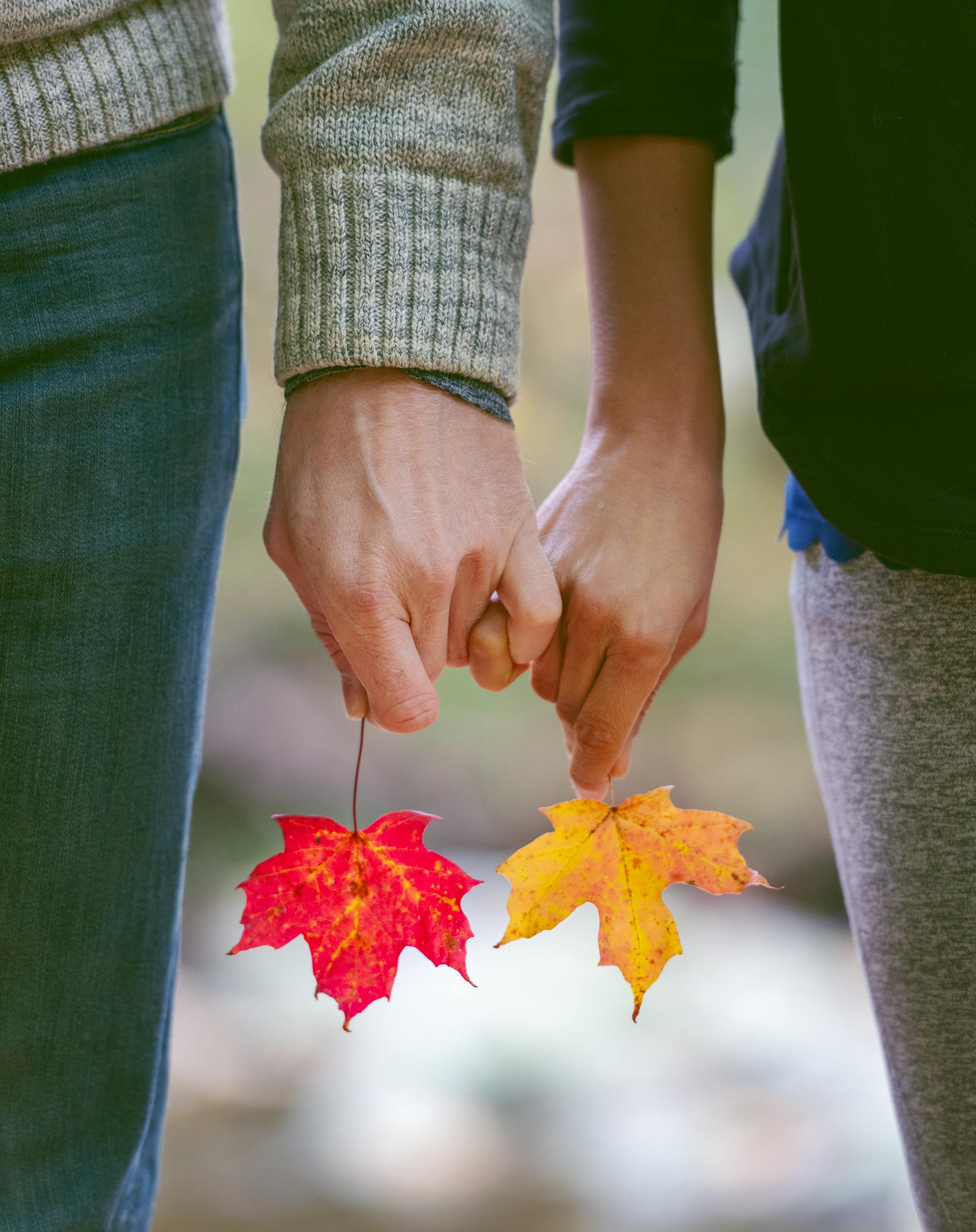 Un couple tenant des feuilles d'automne avec leurs petits doigts entrelacés | Source : Pexels