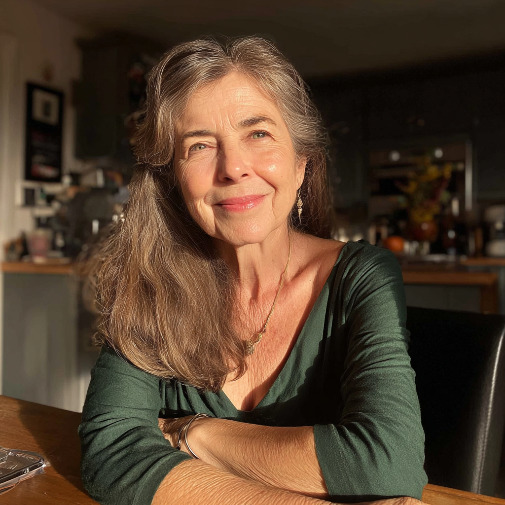Une femme âgée souriante assise à une table | Source : Midjourney