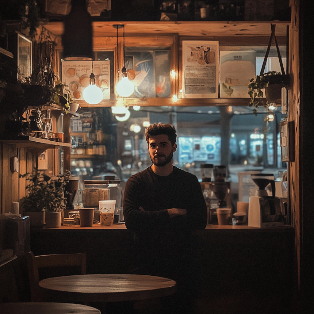 Un jeune homme debout dans son café confortable la nuit | Source : Midjourney