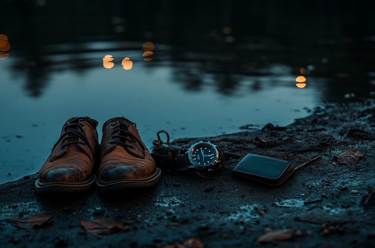 Les chaussures et les objets personnels d'un homme gisant près d'un lac | Source : Midjourney