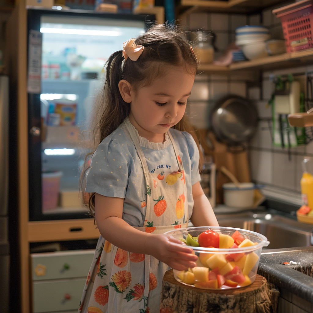 Une petite fille prépare une salade dans sa mini-cuisine semi-fonctionnelle | Source : Midjourney