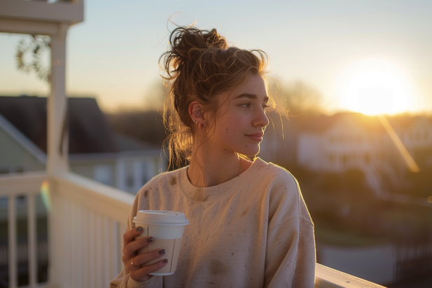 Une jeune femme serrant une tasse de café sur le balcon | Source : AmoMama