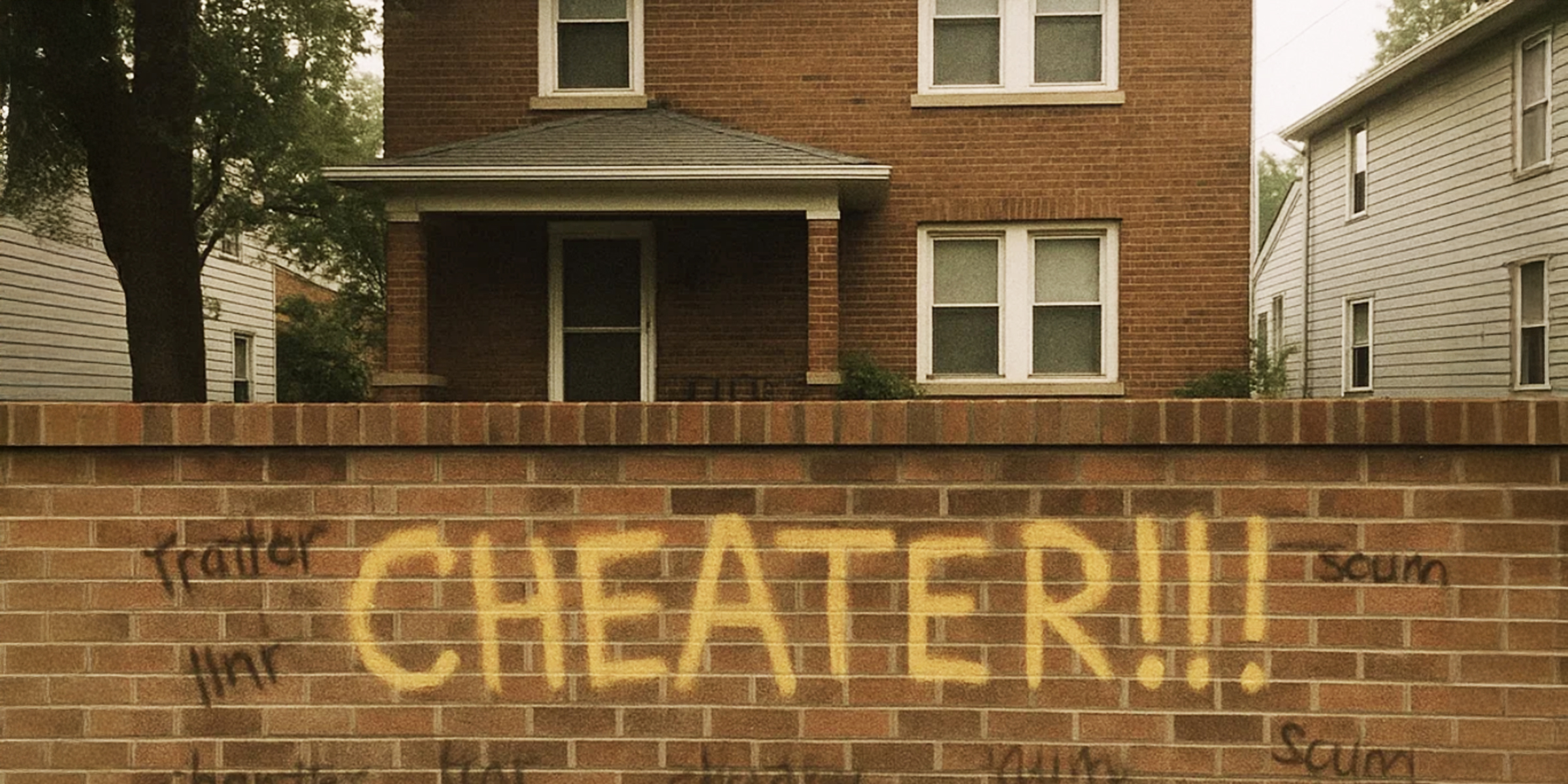 Grafitti indiquant "CHEATER !!!" peint à la bombe en jaune gras sur un mur de briques à l'extérieur d'une maison de banlieue | Source : Barabola