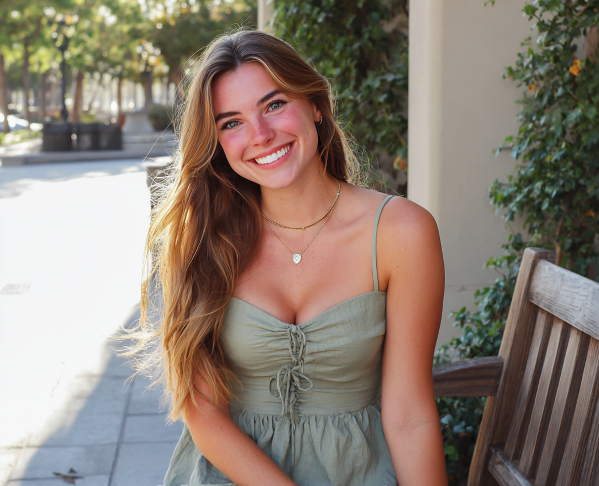 Une femme souriante assise sur un banc | Source : Midjourney