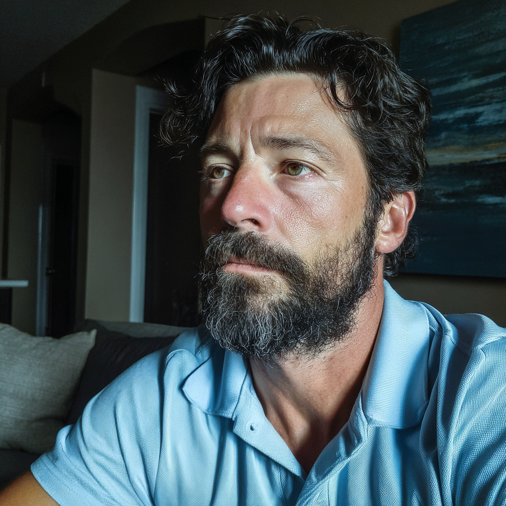 Un homme émotif portant un polo de golf bleu | Source : Midjourney
