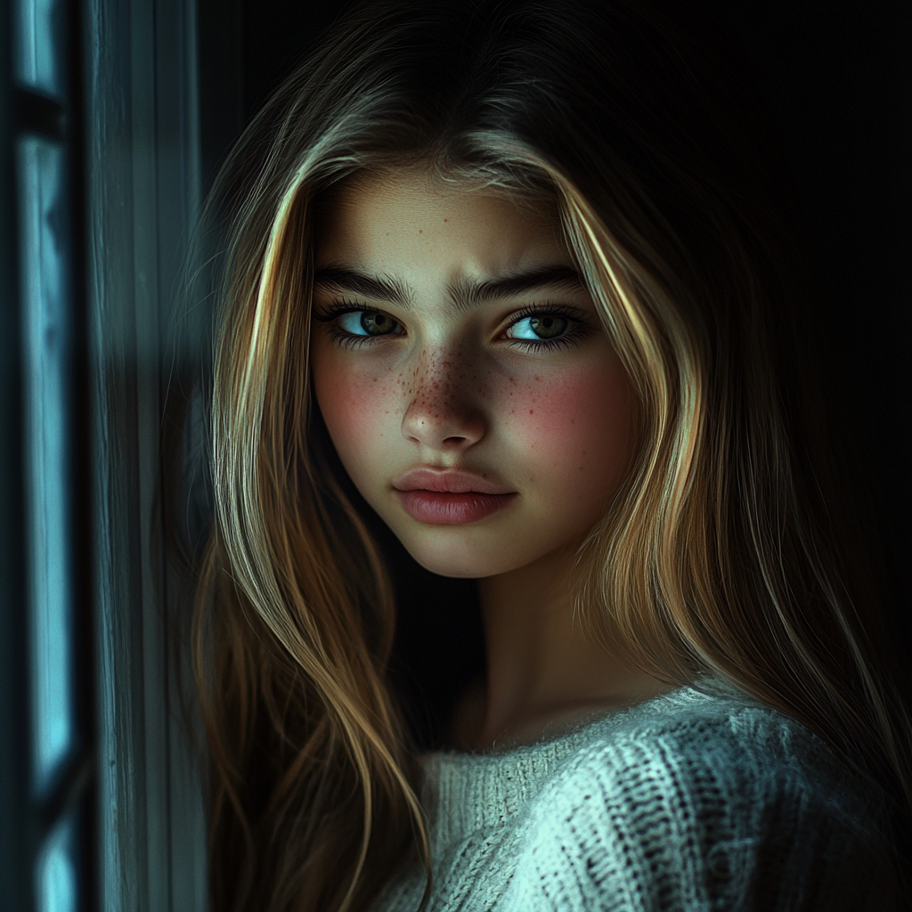 Une adolescente suspecte se tenant près de la fenêtre | Source : Midjourney