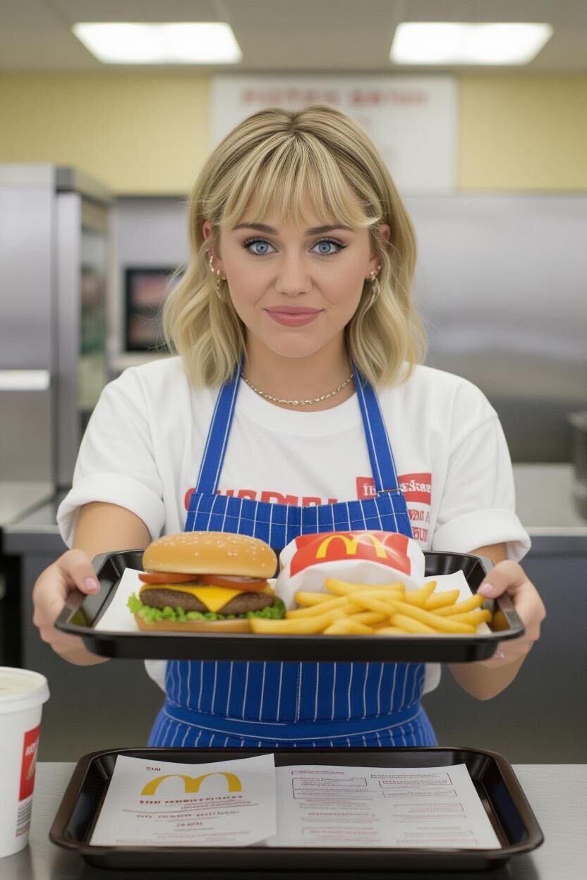 Une image générée par l'IA de Miley Cyrus en tant qu'employée de fast-food | Source : Grok