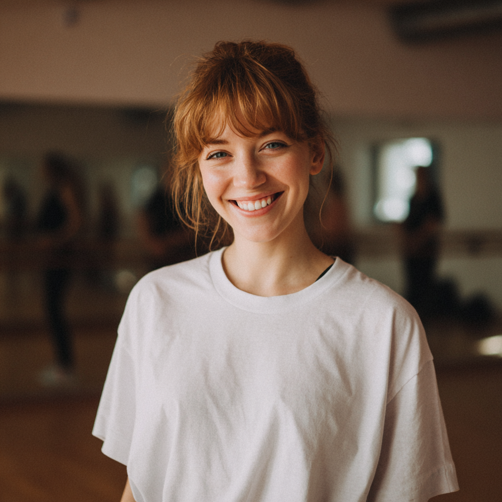 Une femme souriante debout dans un studio de danse | Source : Midjourney