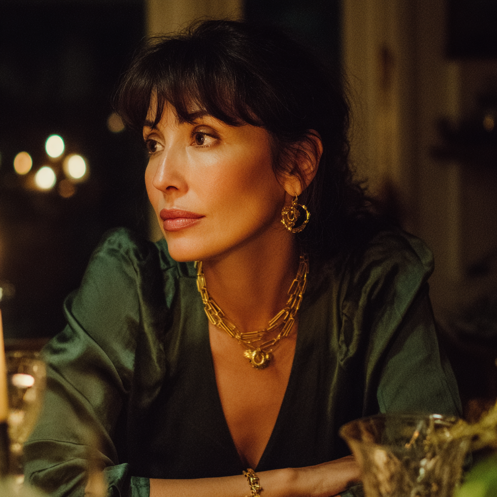 Une femme qui regarde autour d'une table de dîner | Source : Midjourney