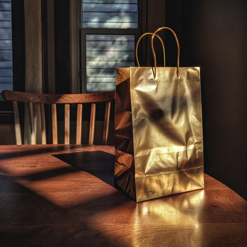 Un sac cadeau doré sur une table | Source : Midjourney
