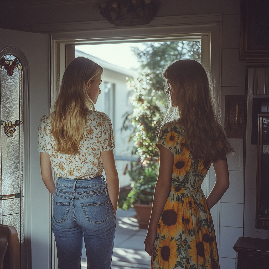 Une mère et sa fille quittant leur maison | Source : Midjourney