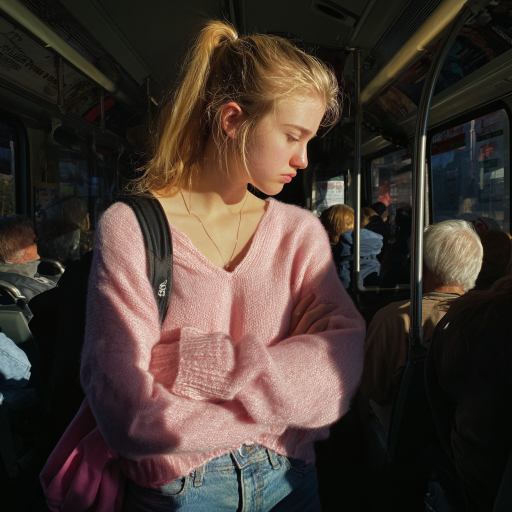 Une adolescente debout dans un bus | Source : Midjourney