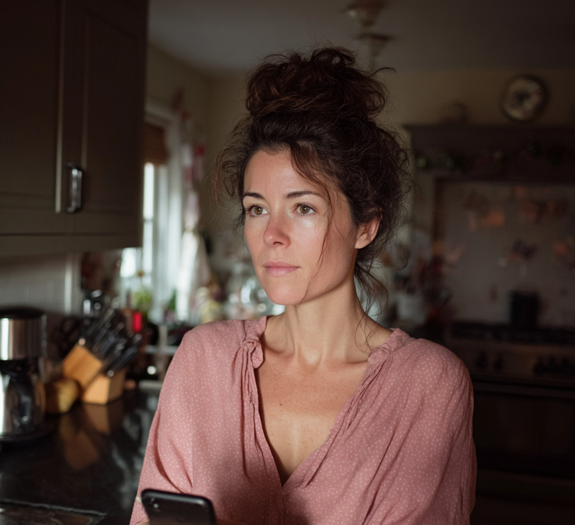 Une femme pensive tenant son téléphone | Source : Midjourney
