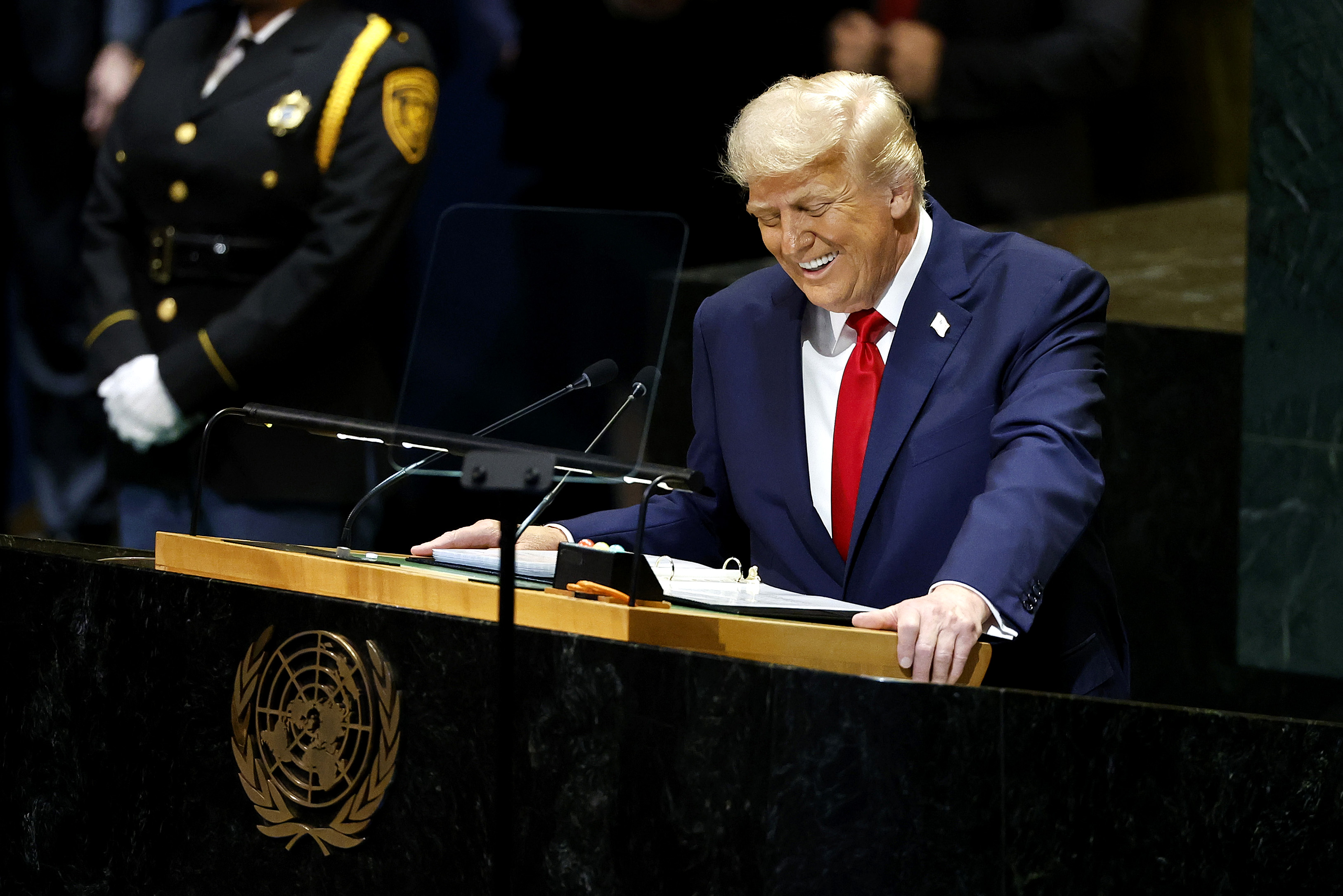 Donald Trump lors de la 80e session de l'Assemblée générale des Nations unies (AGNU) à New York, le 23 septembre 2025. | Source : Getty Images