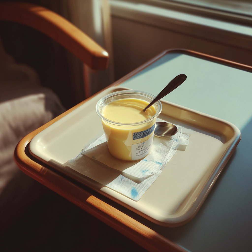 Un récipient de crème anglaise sur un plateau d'hôpital | Source : Midjourney