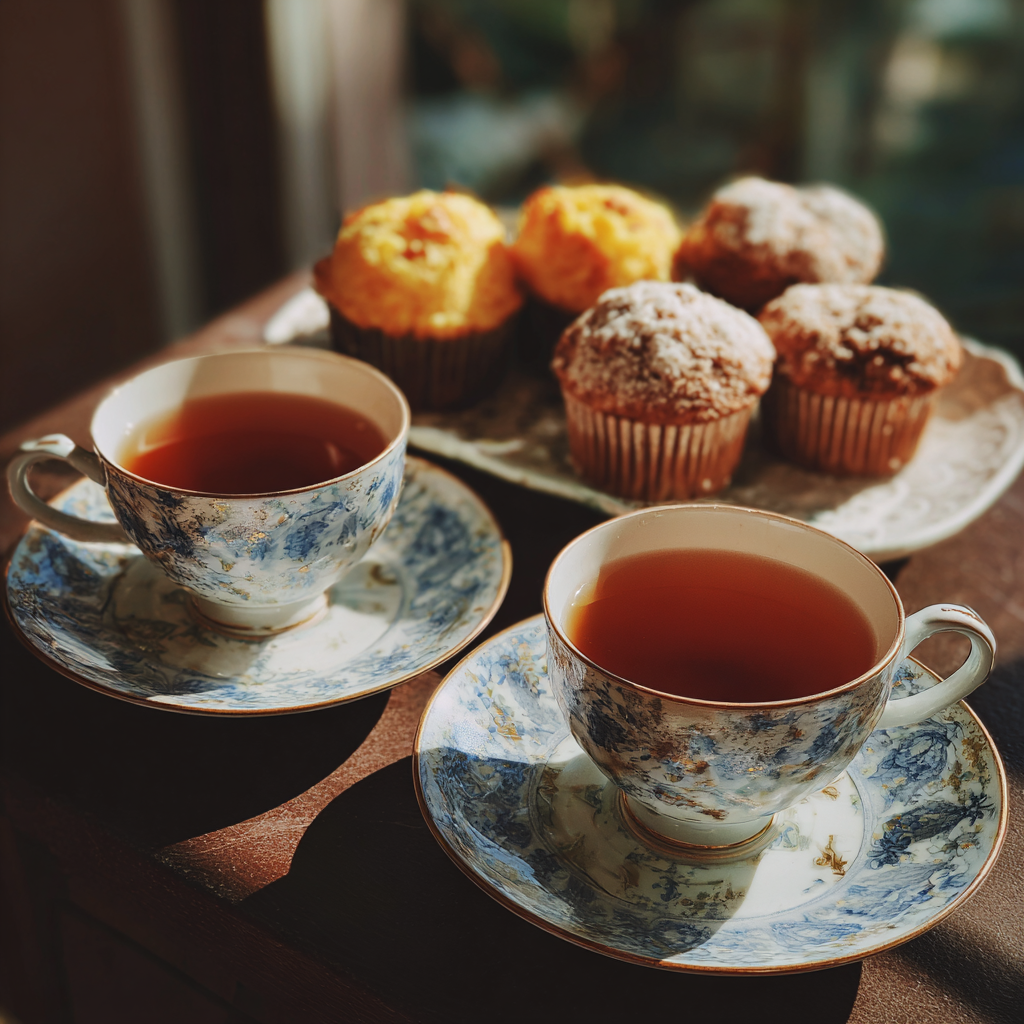 Deux tasses de thé et un plateau de muffins sur une table | Source : Midjourney