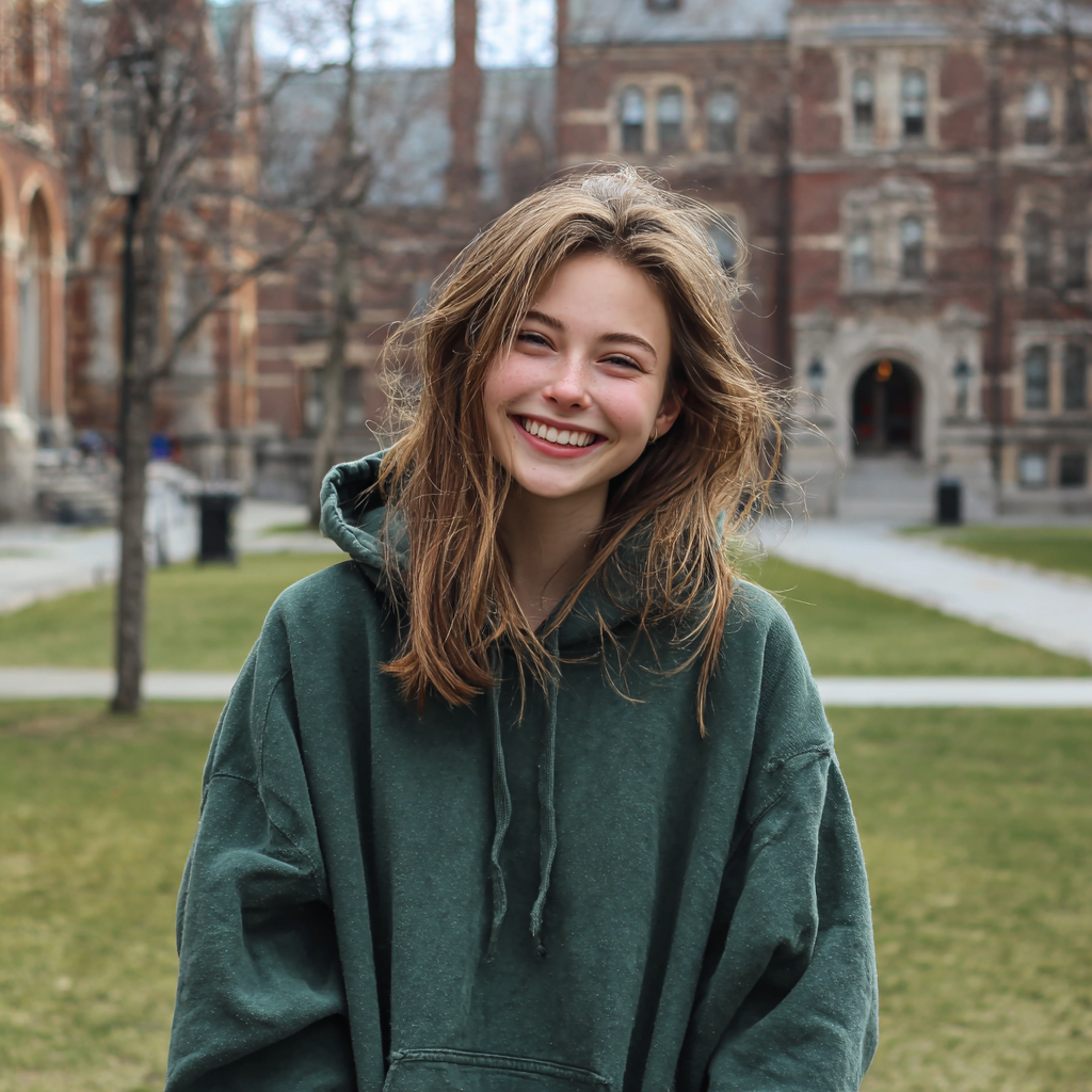 Une jeune femme souriante debout sur un campus universitaire | Source : Midjourney
