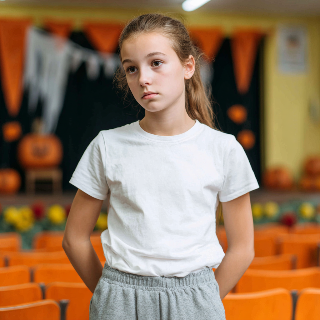 Une petite fille triste debout dans un hall d'école | Source : Midjourney