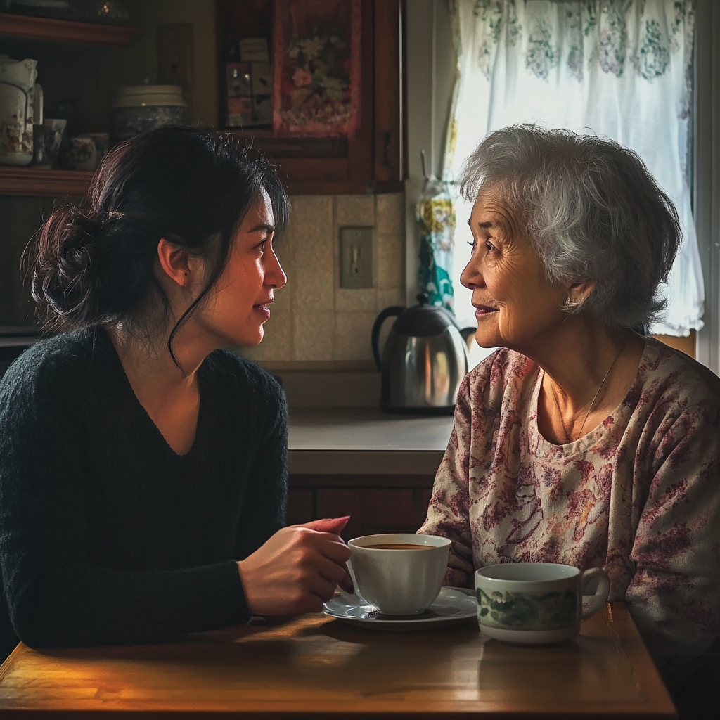 La femme assise avec sa belle-mère, qui discute autour d'un café | Source : Midjourney