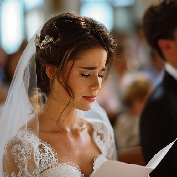 Une mariée émue lisant une lettre à côté du marié à l'autel | Source : Midjourney