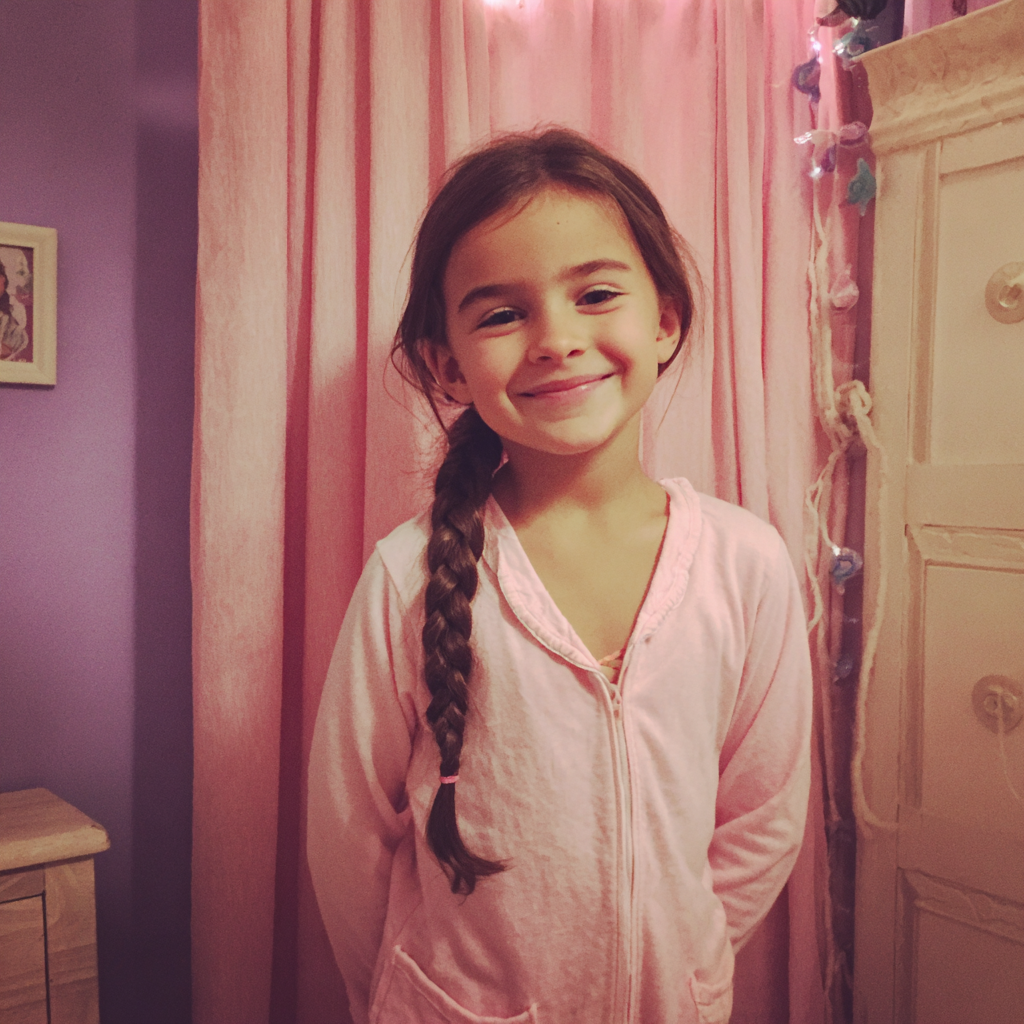 Une petite fille souriante en pyjama | Source : Midjourney