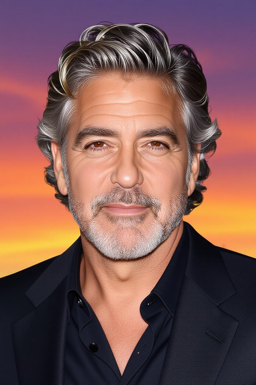 Une image de George Clooney générée par l'IA avec une coiffure différente | Source : Grok