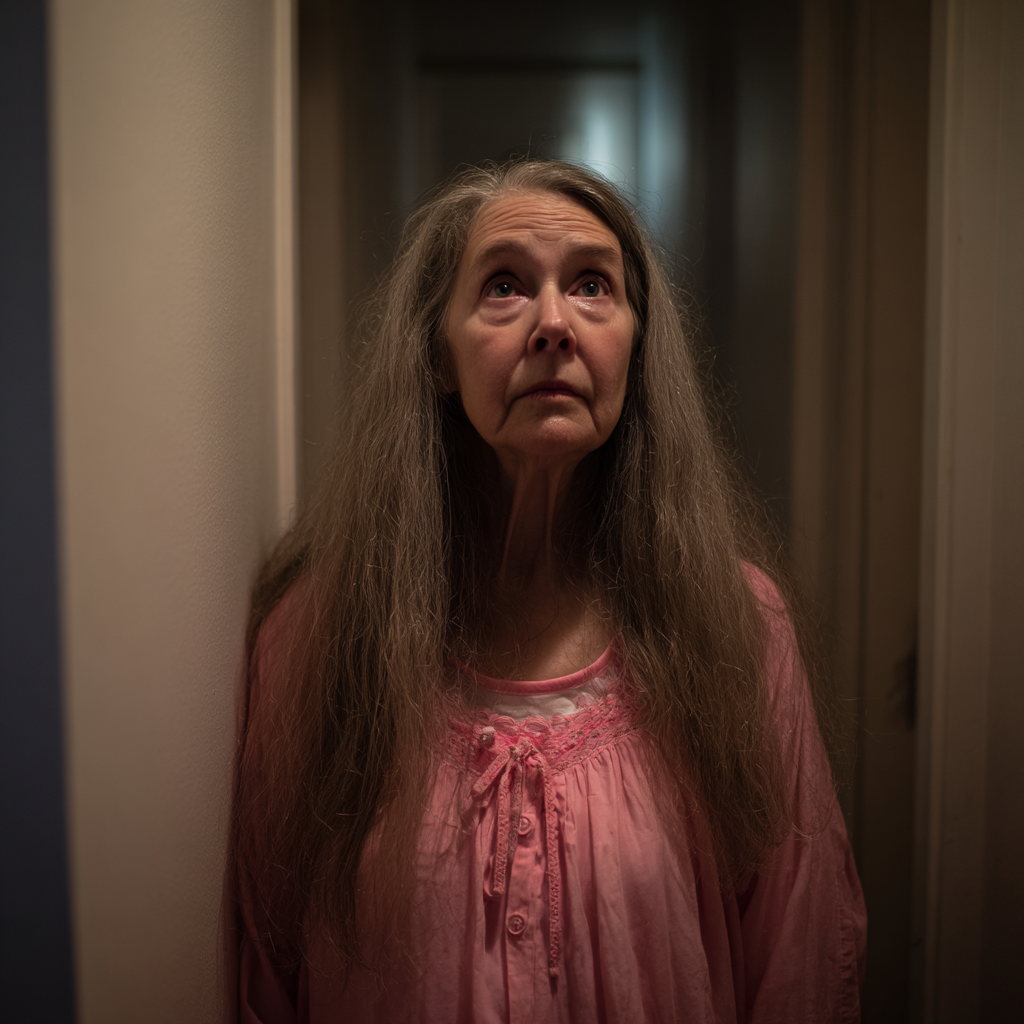 Une femme âgée bouleversée se tenant dans un couloir et portant une chemise de nuit rose | Source : Midjourney