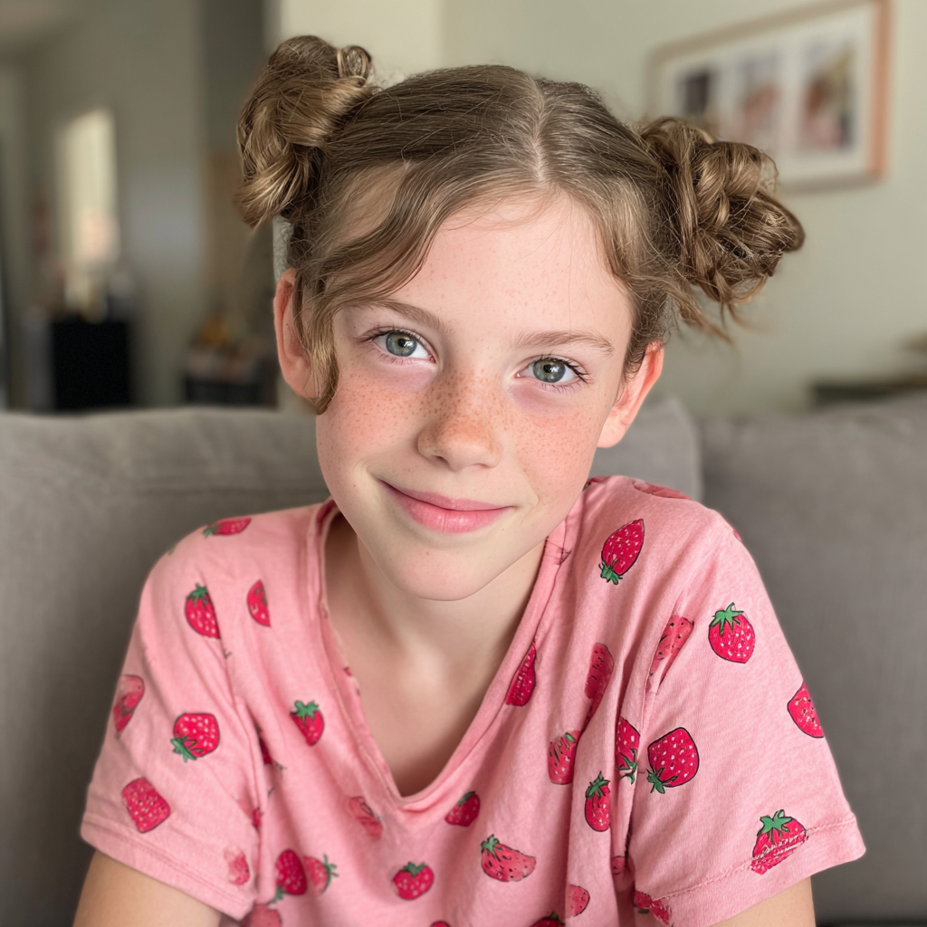 Une petite fille souriante assise sur un canapé | Source : Midjourney