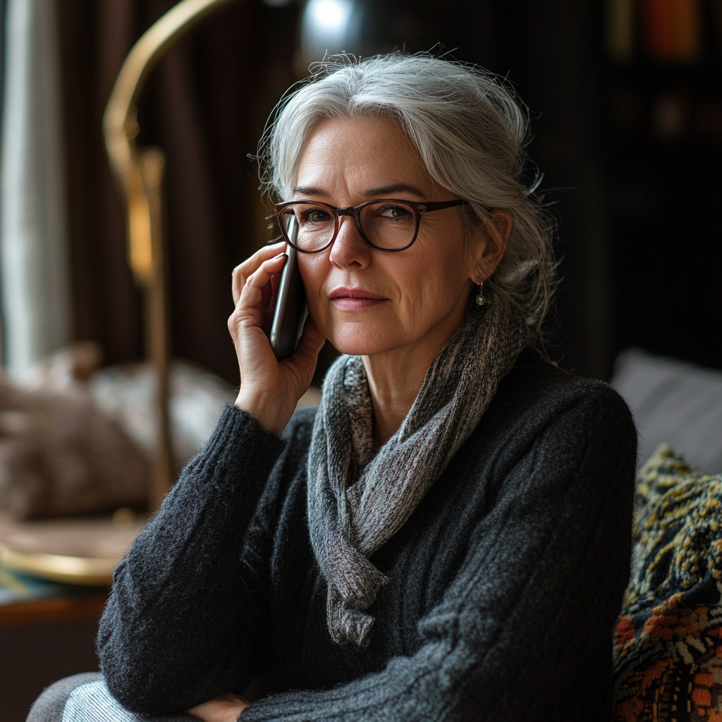 Une femme sérieuse qui parle au téléphone dans son salon | Source : Midjourney