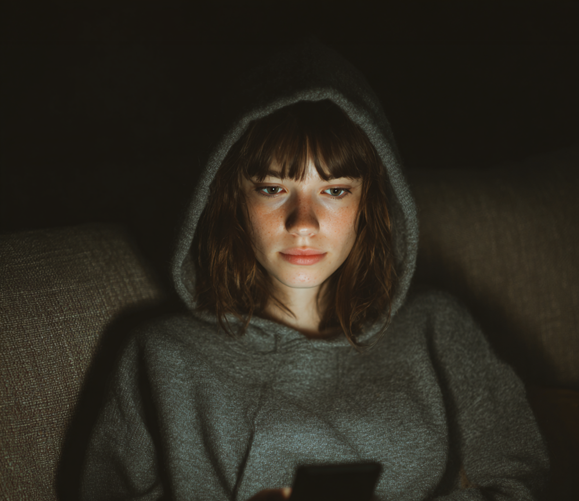 Une femme utilisant son téléphone dans l'obscurité | Source : Midjourney